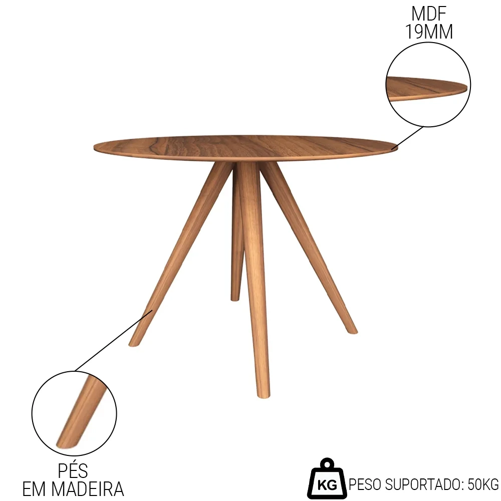 Mesa de Jantar 4 Lugares Redonda 107cm 100%MDF Grécia R02 Nogueira - Mpozenato