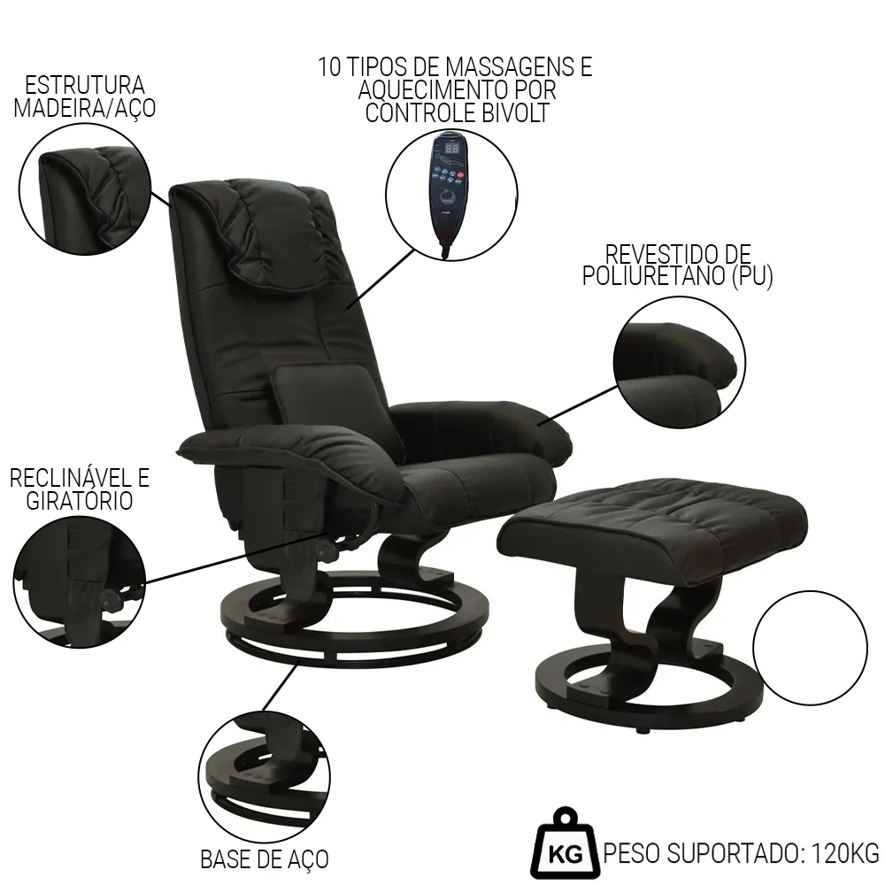 Poltrona do Papai Massageadora Elétrica com Puff Louis R02 Sintético Preto - Mpozenato