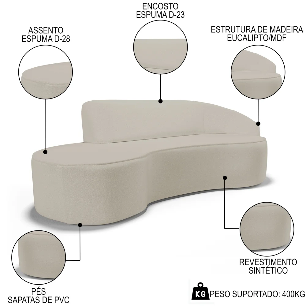 Sofá Living  4 Lugares 280cm Braço Direito Mozart D06 Sintético Bege - Mpozenato