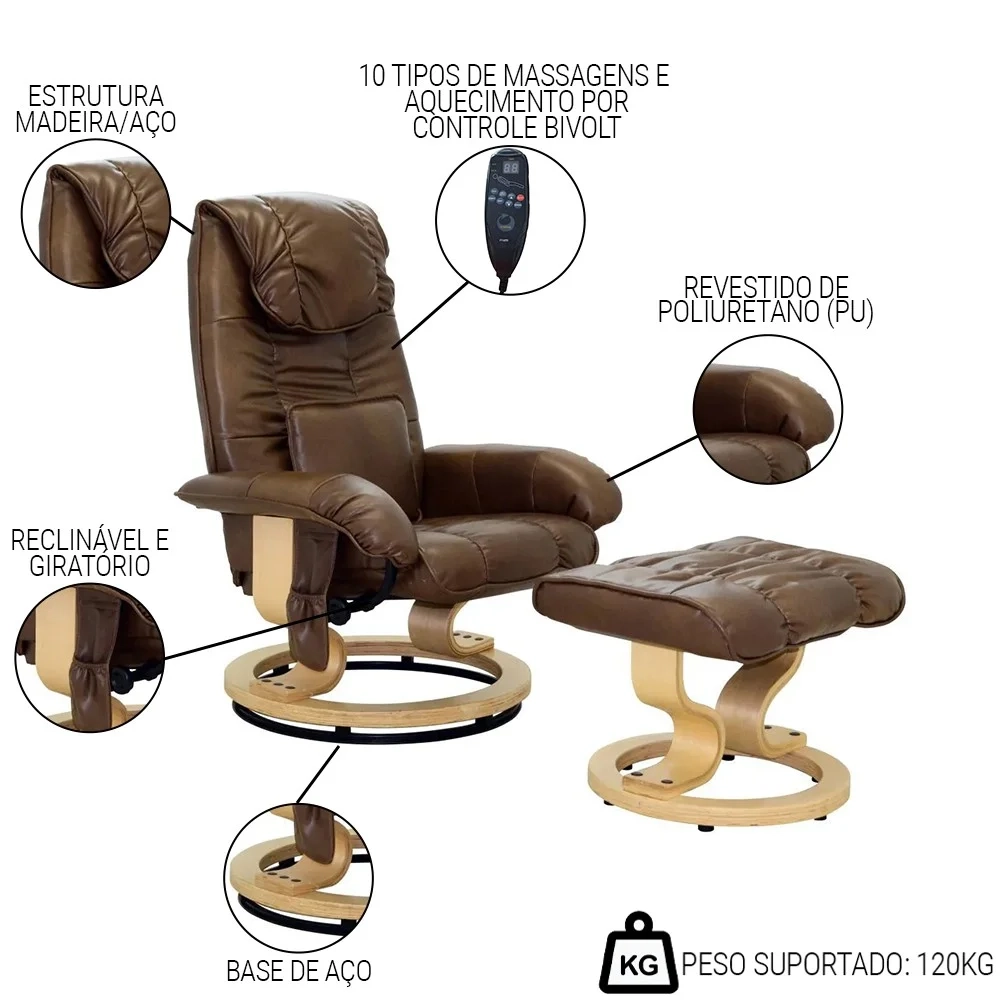 Poltrona do Papai Massageadora Elétrica com Puff Louis R02 Sintético Marrom - Mpozenato