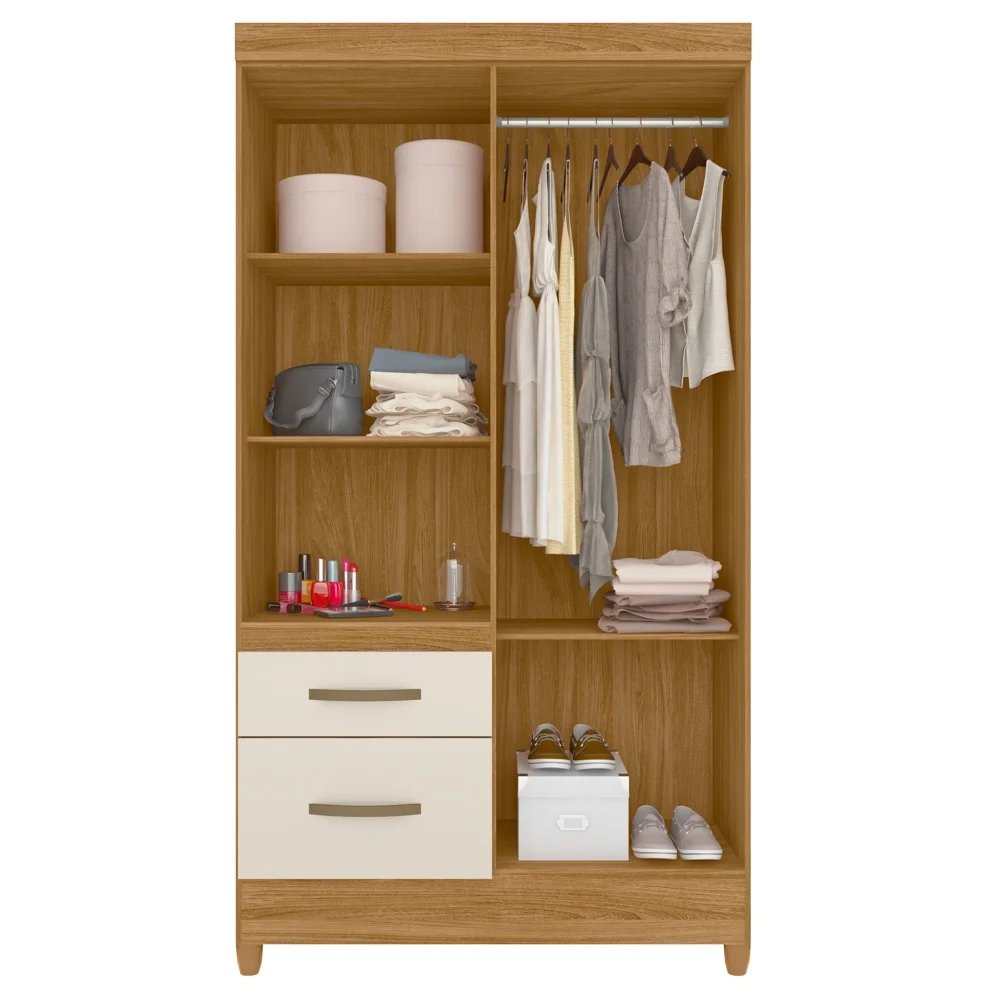 Guarda Roupa Solteiro com Espelho 4 Portas 2 Gavetas Dalí Z17 Freijó/Off White - Mpozenato