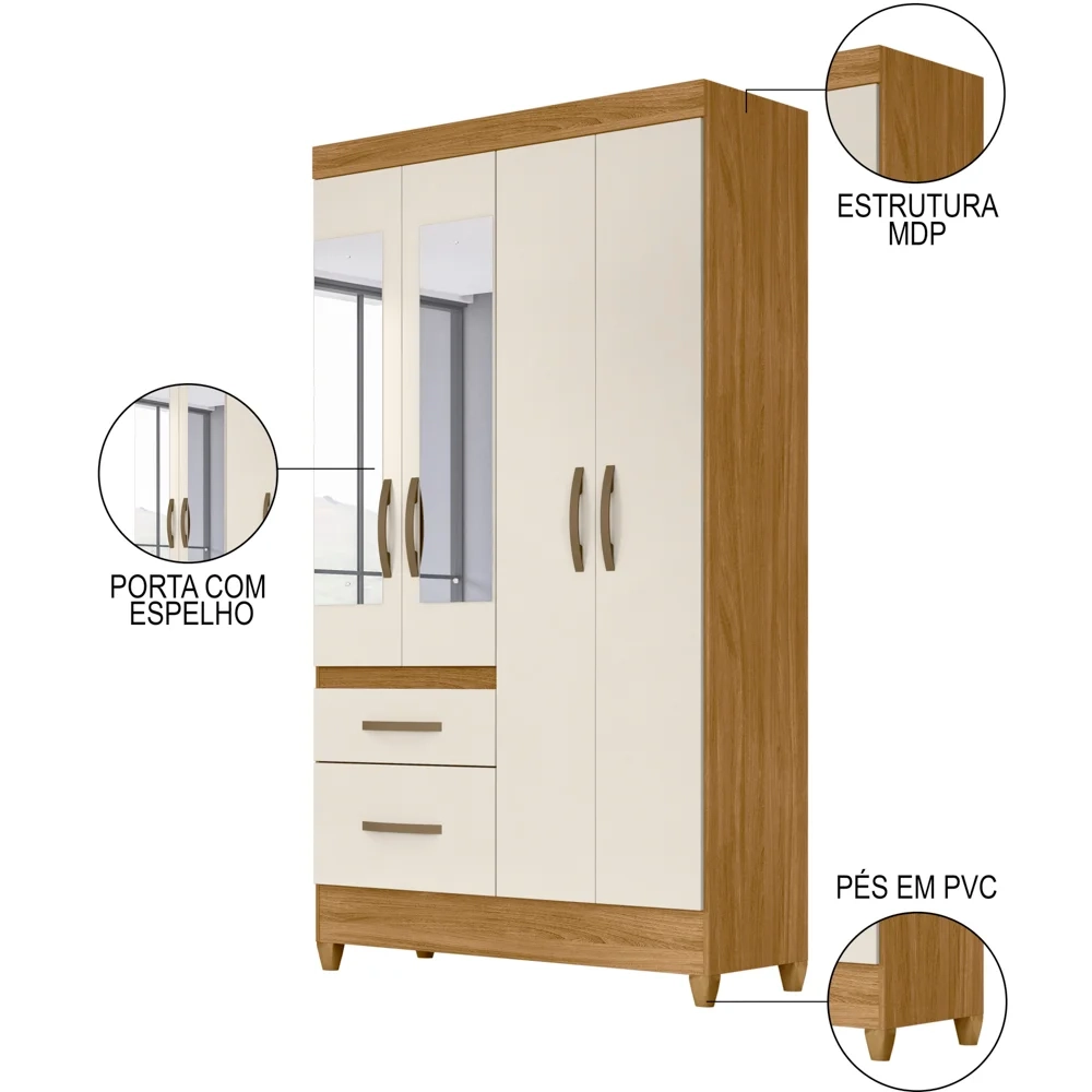 Guarda Roupa Solteiro com Espelho 4 Portas 2 Gavetas Dalí Z17 Freijó/Off White - Mpozenato