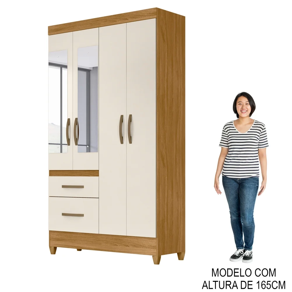Guarda Roupa Solteiro com Espelho 4 Portas 2 Gavetas Dalí Z17 Freijó/Off White - Mpozenato