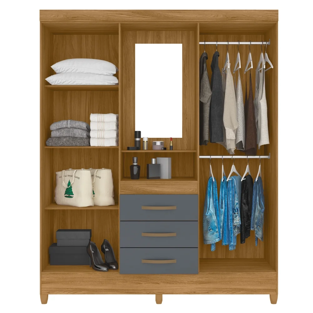 Guarda Roupa Solteiro Capelinha com Espelho 204cm Caprese Z17 Freijó/Cinza - Mpozenato