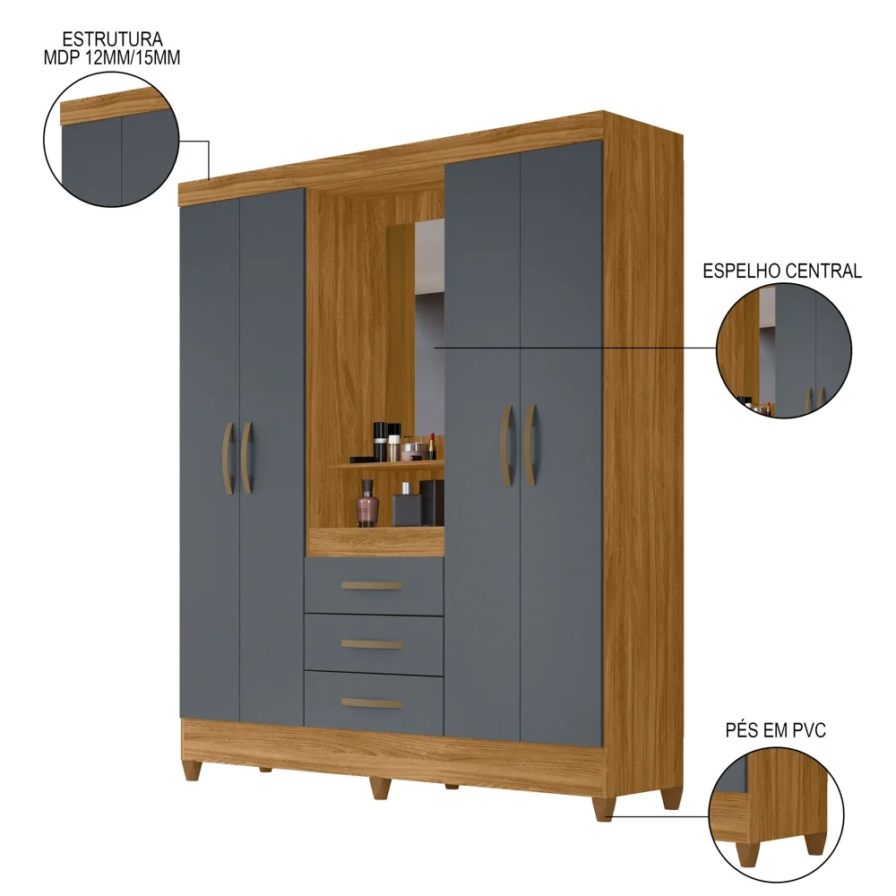 Guarda Roupa Solteiro Capelinha com Espelho 204cm Caprese Z17 Freijó/Cinza - Mpozenato
