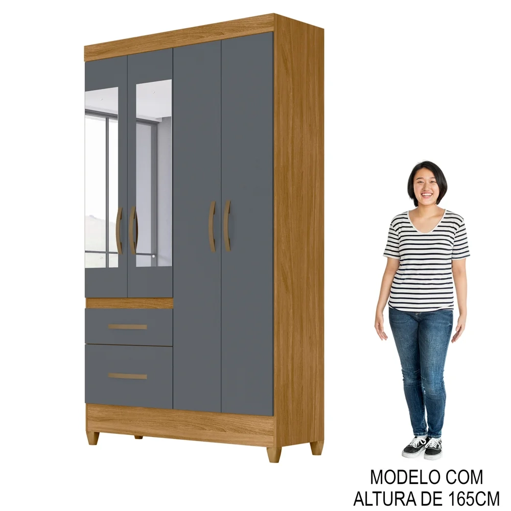 Guarda Roupa Solteiro com Espelho 4 Portas 2 Gavetas Dalí Z17 Freijó/Cinza - Mpozenato