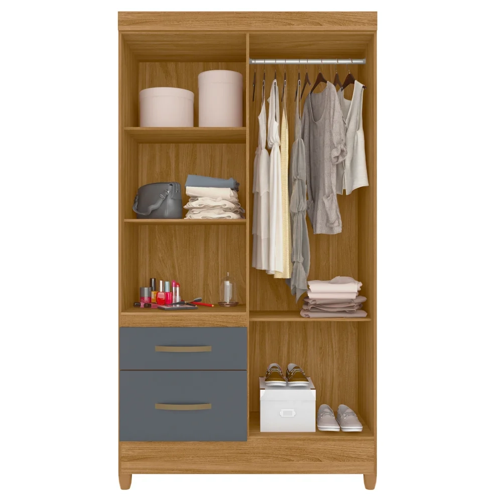 Guarda Roupa Solteiro com Espelho 4 Portas 2 Gavetas Dalí Z17 Freijó/Cinza - Mpozenato