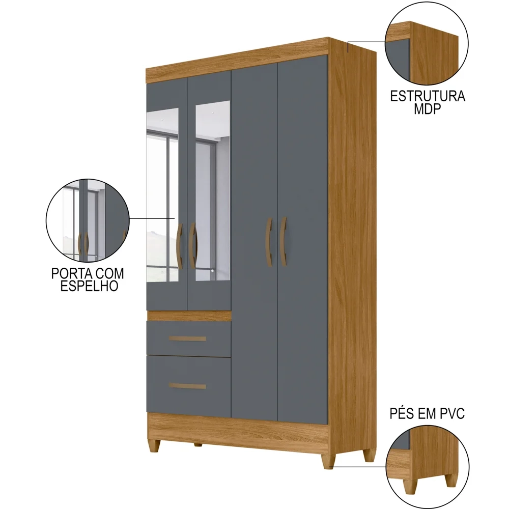 Guarda Roupa Solteiro com Espelho 4 Portas 2 Gavetas Dalí Z17 Freijó/Cinza - Mpozenato