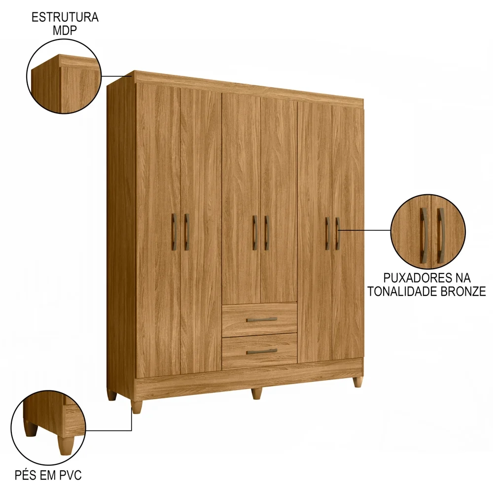 Guarda Roupa Casal 6 Portas 2 Gavetas 153cm Paraná Z17 Freijó - Mpozenato