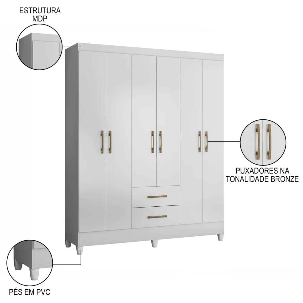 Guarda Roupa Casal 6 Portas 2 Gavetas 153cm Paraná Z17 Branco - Mpozenato