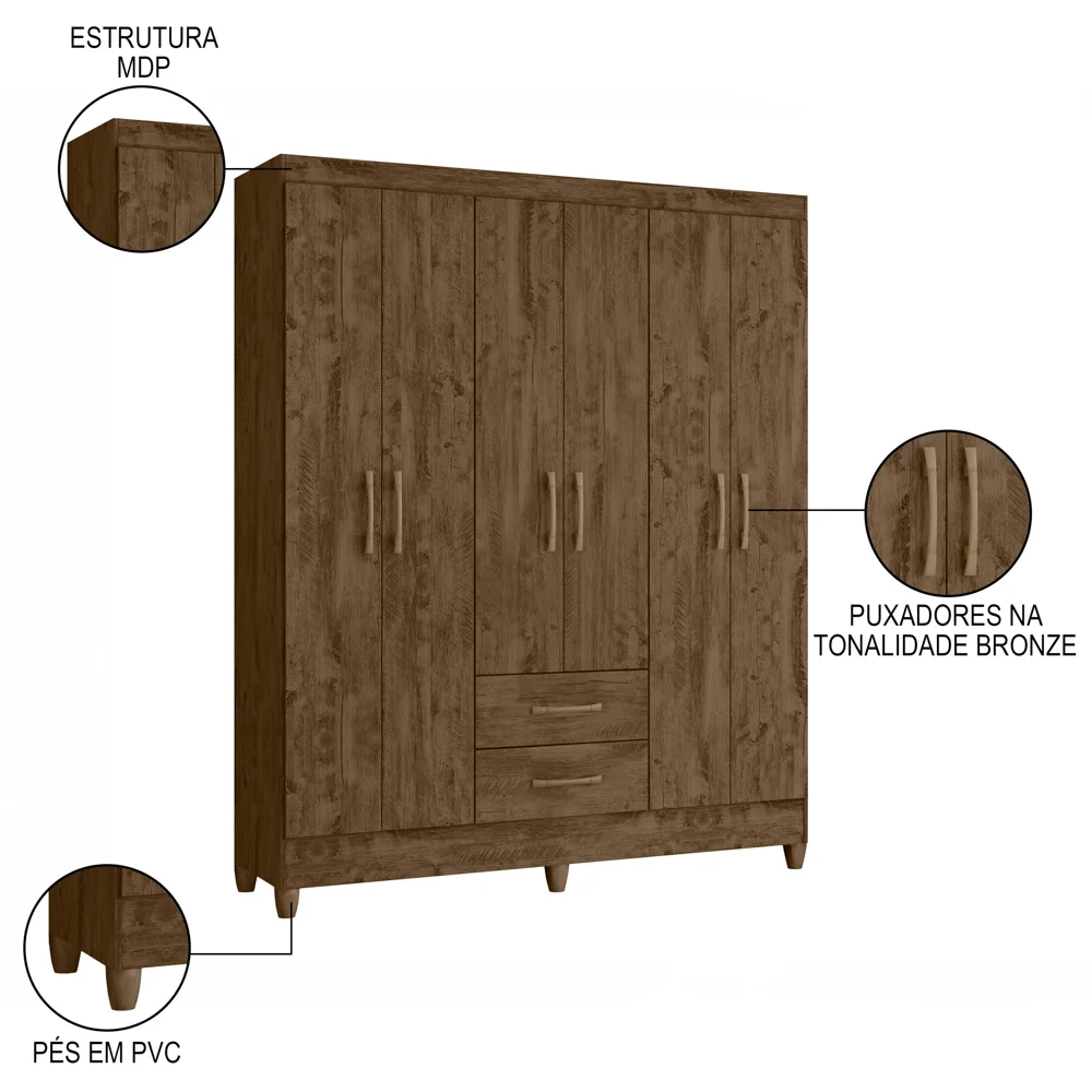 Guarda Roupa Casal 6 Portas 2 Gavetas 153cm Paraná Z17 Castanho Wood - Mpozenato