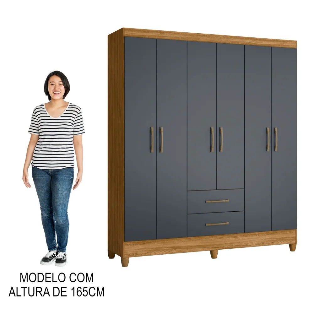 Guarda Roupa Casal 6 Portas 2 Gavetas 153cm Paraná Z17 Freijó/Cinza - Mpozenato