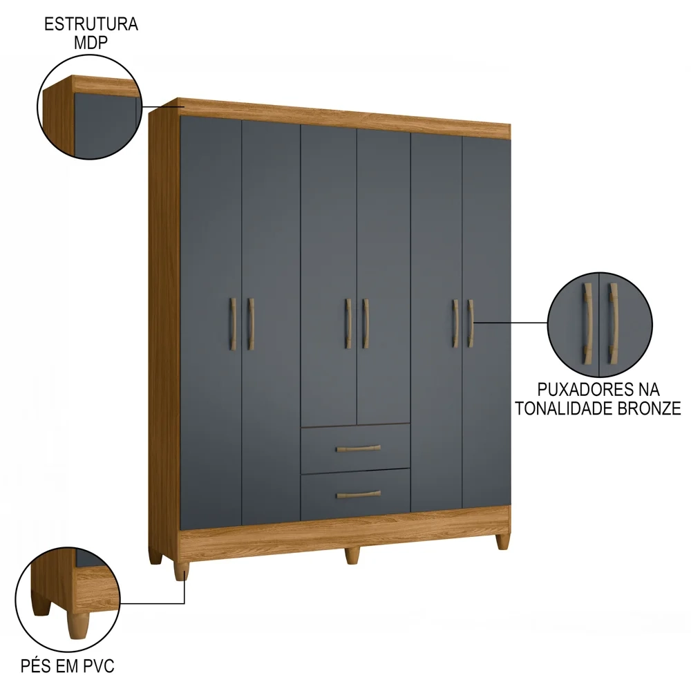 Guarda Roupa Casal 6 Portas 2 Gavetas 153cm Paraná Z17 Freijó/Cinza - Mpozenato
