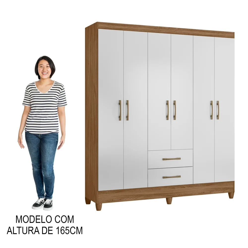 Guarda Roupa Casal 6 Portas 2 Gavetas 153cm Paraná Z17 Naturale/Branco - Mpozenato