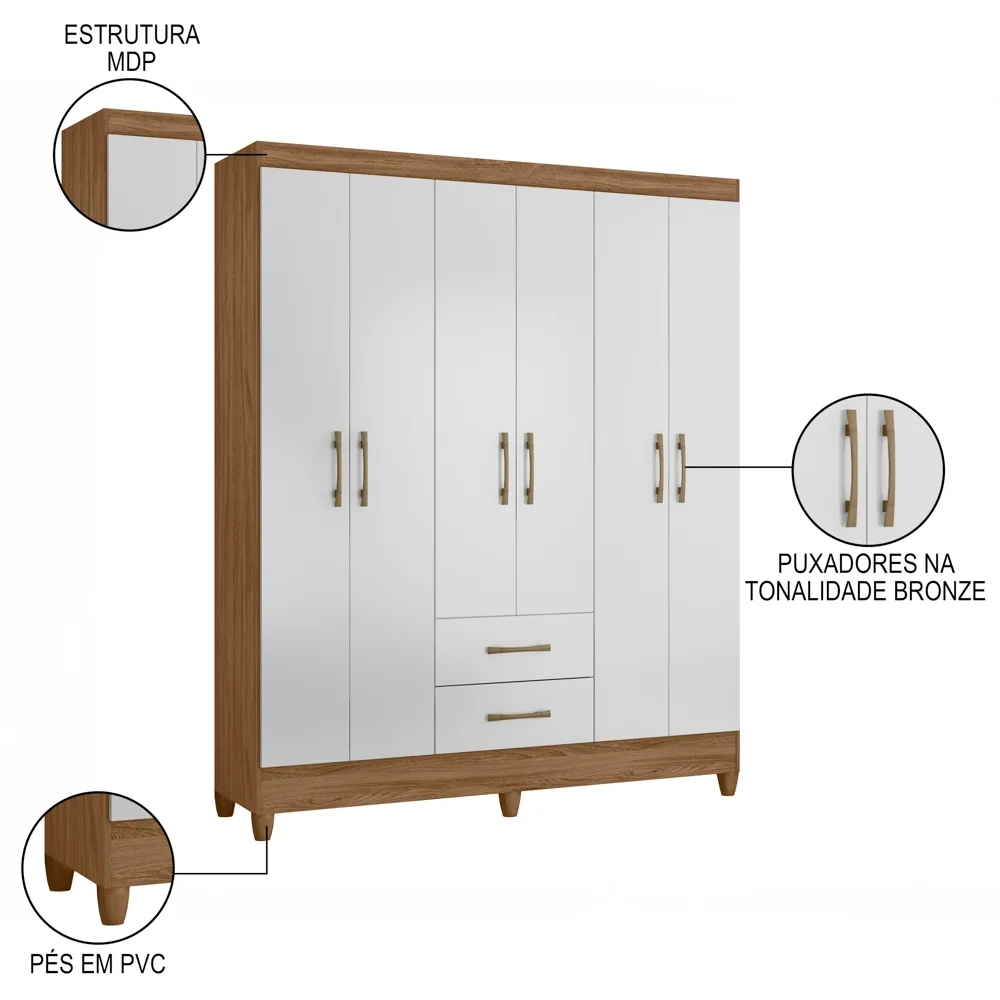 Guarda Roupa Casal 6 Portas 2 Gavetas 153cm Paraná Z17 Naturale/Branco - Mpozenato