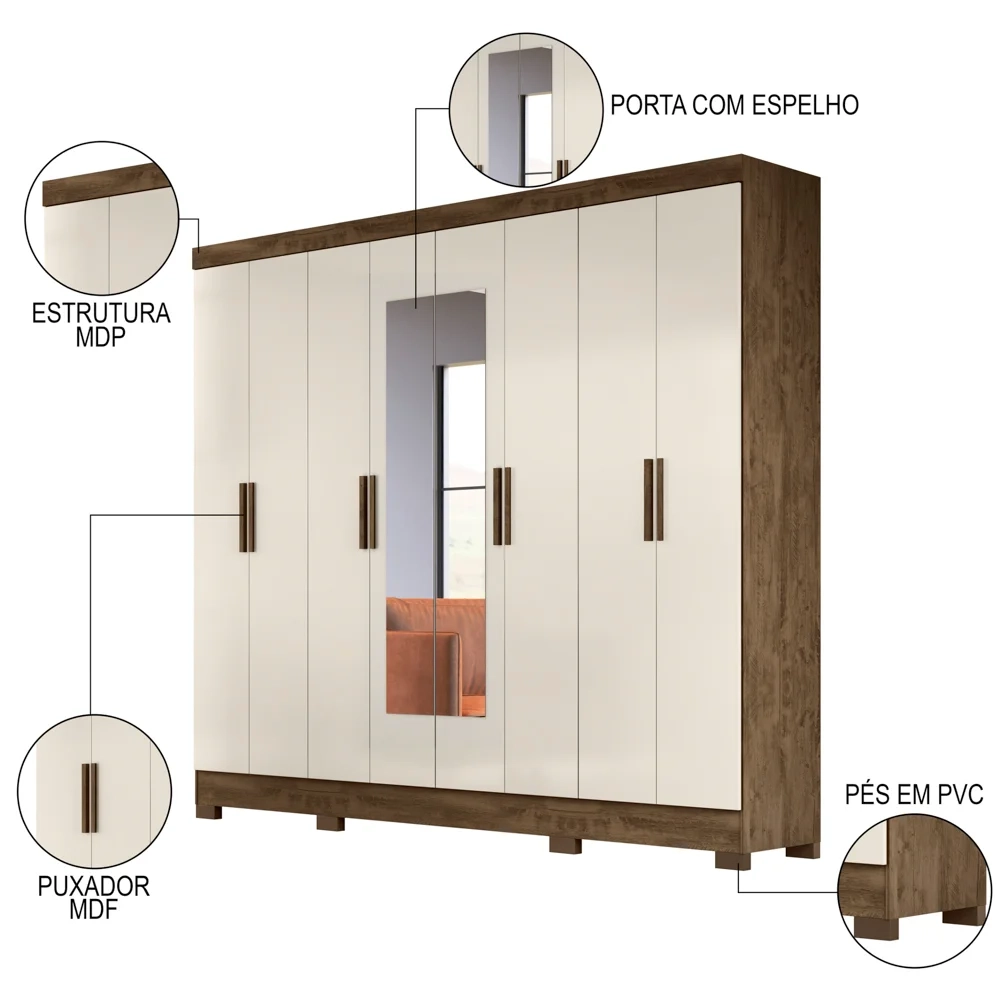 Guarda Roupa Casal com Espelho 8 Portas 236cm Ágata Z17 Castanho Wood/Off White - Mpozenato