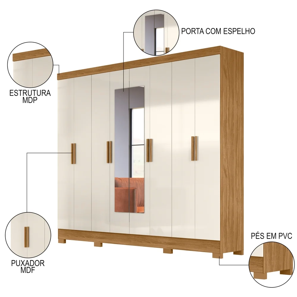 Guarda Roupa Casal com Espelho 8 Portas 236cm Ágata Z17 Freijó/Off White - Mpozenato