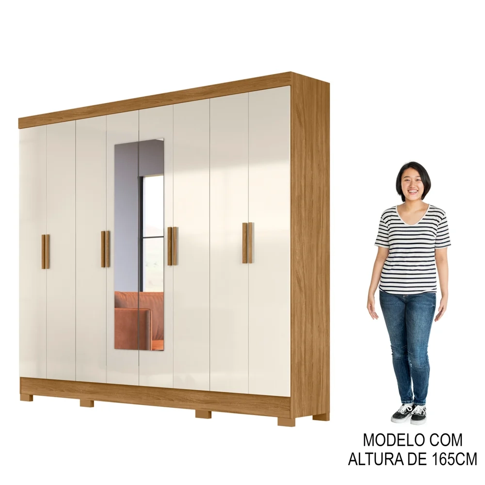 Guarda Roupa Casal com Espelho 8 Portas 236cm Ágata Z17 Freijó/Off White - Mpozenato