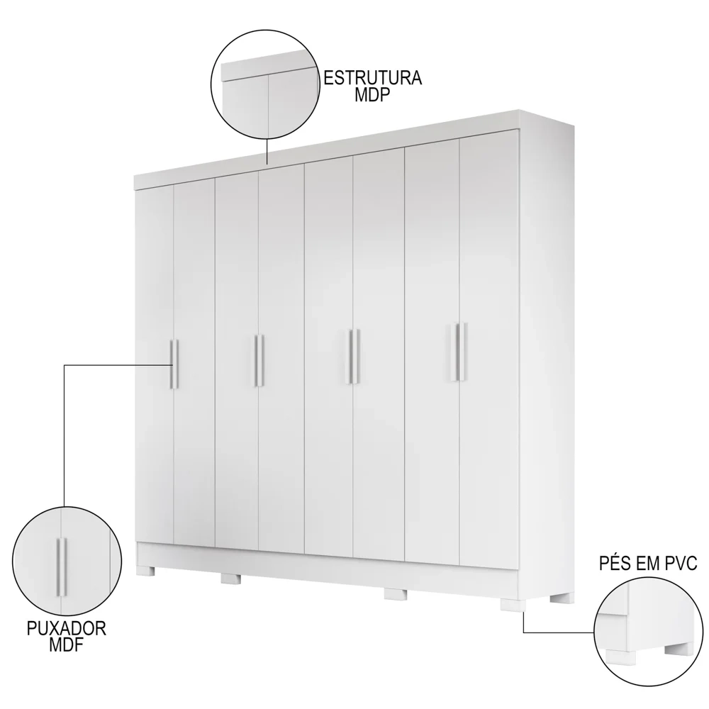 Guarda Roupa Casal 8 Portas 4 Gavetas 236cm Ágata Z17 Branco - Mpozenato