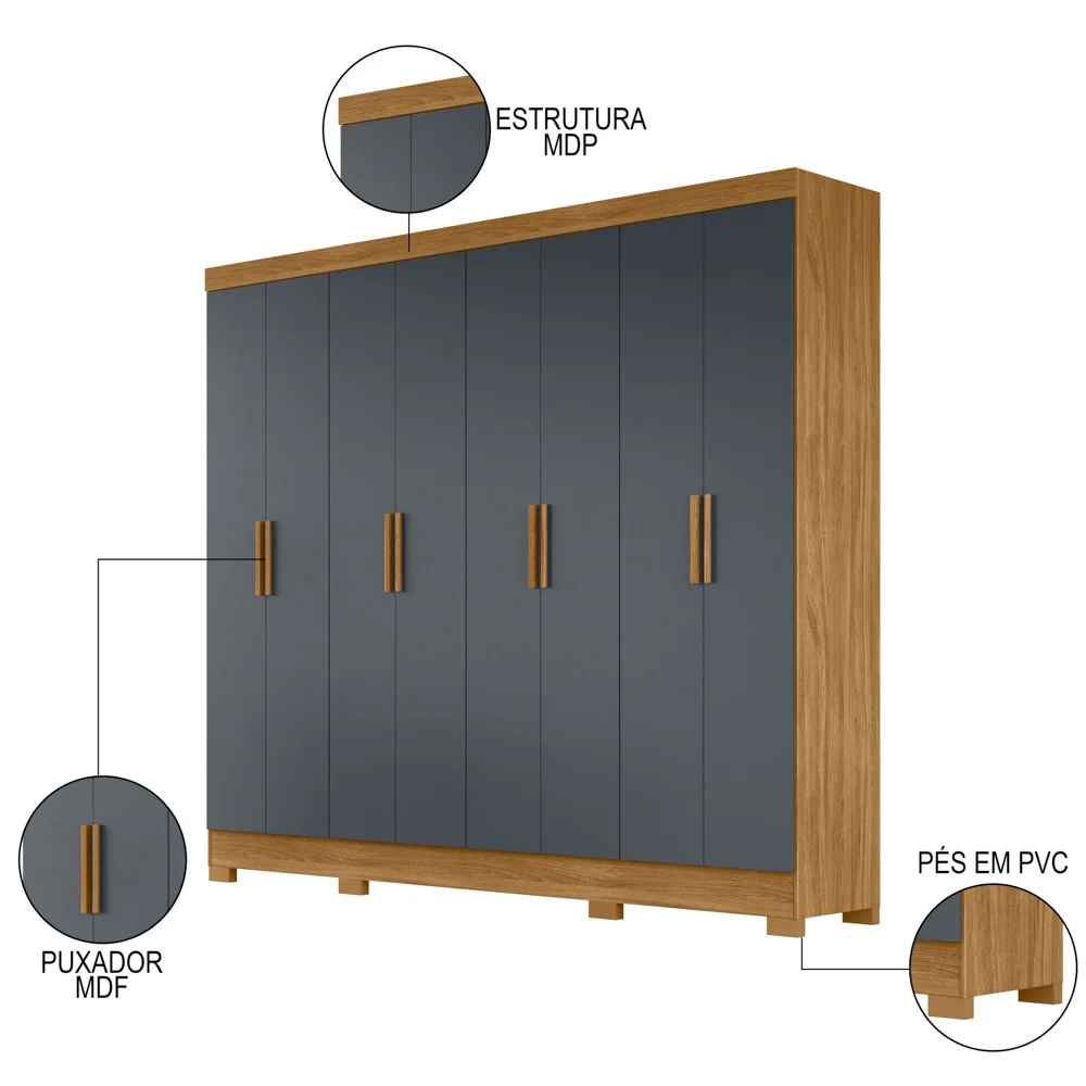 Guarda Roupa Casal 8 Portas 4 Gavetas 236cm Ágata Z17 Freijó/Cinza - Mpozenato