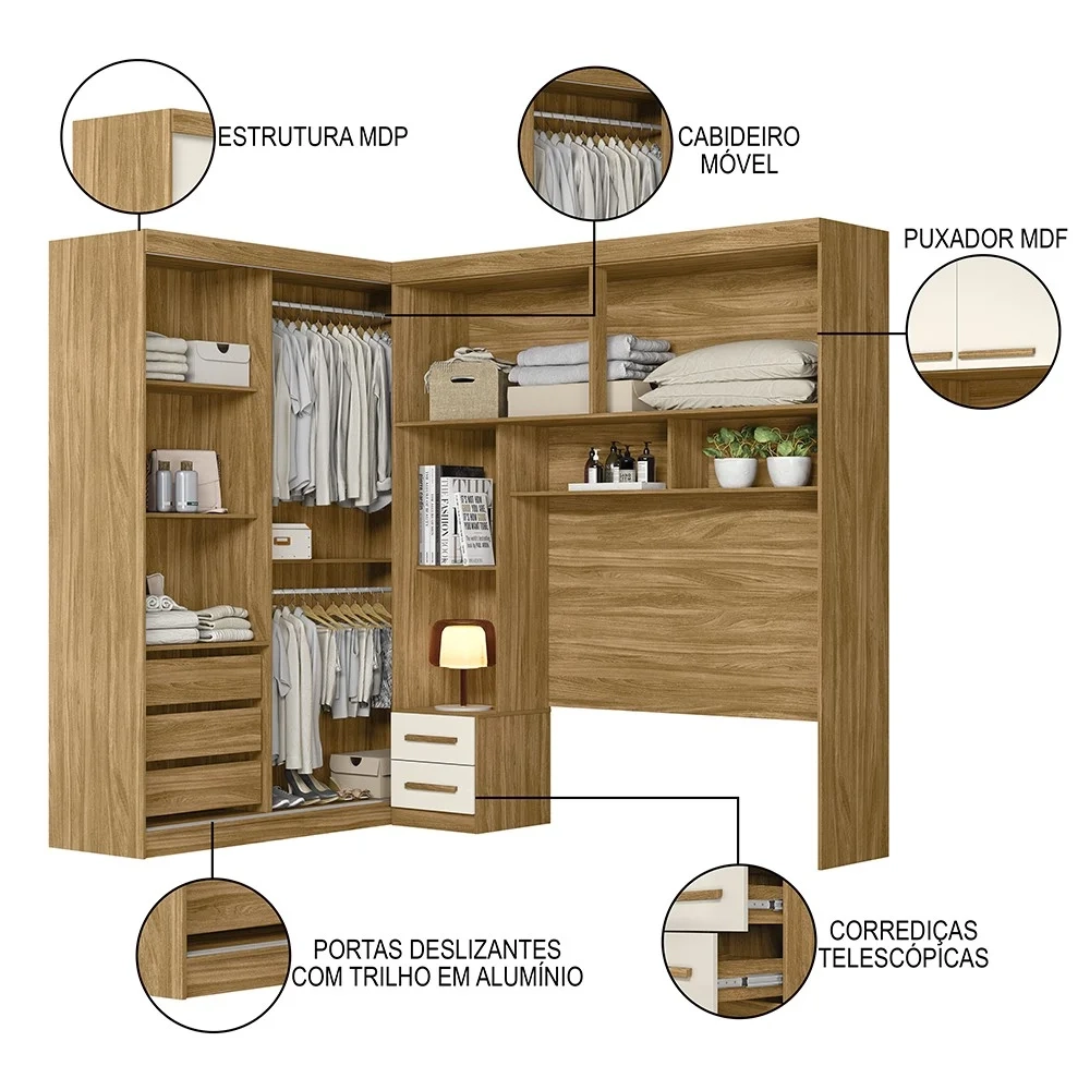 Guarda Roupa Casal Modulado Completo Lorena Z17 Freijó/Off White - Mpozenato