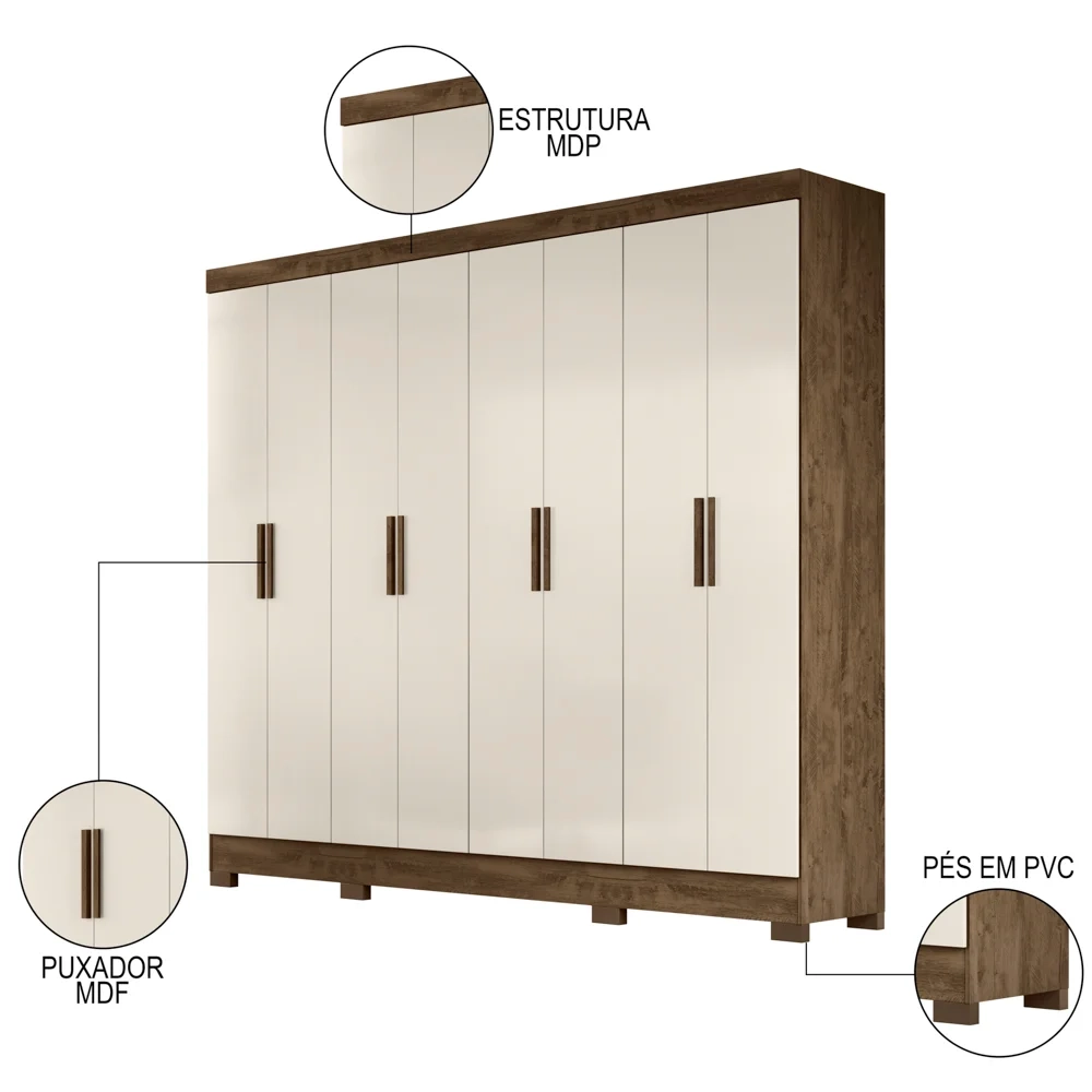 Guarda Roupa Casal 8 Portas 4 Gavetas 236cm Ágata Z17 Castanho Wood/Off White - Mpozenato
