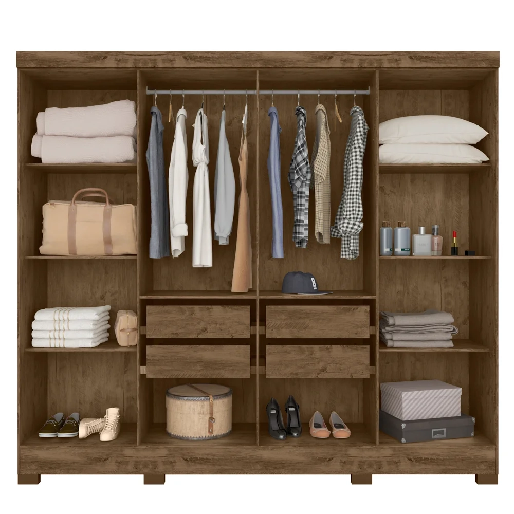 Guarda Roupa Casal 8 Portas 4 Gavetas 236cm Ágata Z17 Castanho Wood/Off White - Mpozenato