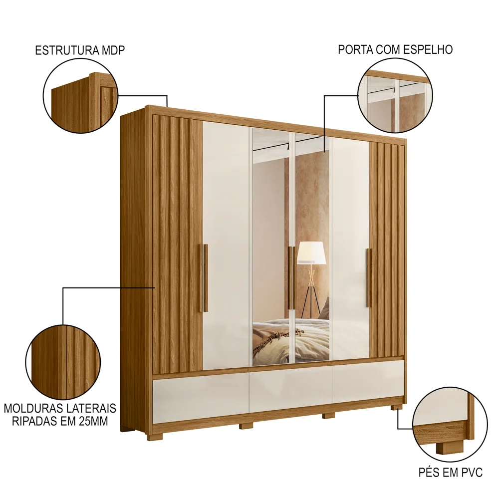 Guarda Roupa Casal com Espelho 6 Portas 240cm Arizona Z17 Freijó/Off White - Mpozenato
