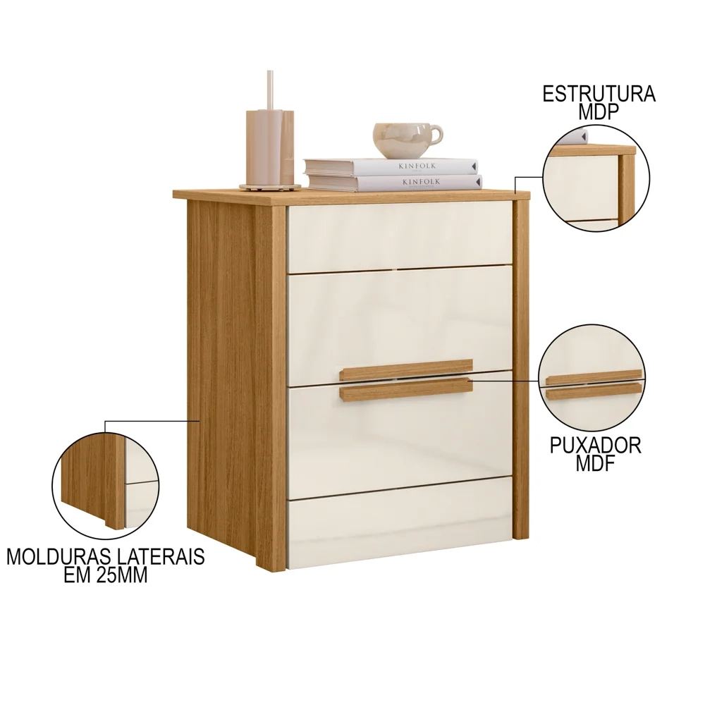 Mesa de Cabeceira 2 Gavetas 51cm Lara Z17 Freijó/Off White - Mpozenato