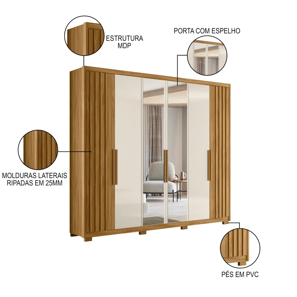 Guarda Roupa Casal com Espelho 6 Portas 260cm Gaia Z17 Freijó/Off White - Mpozenato