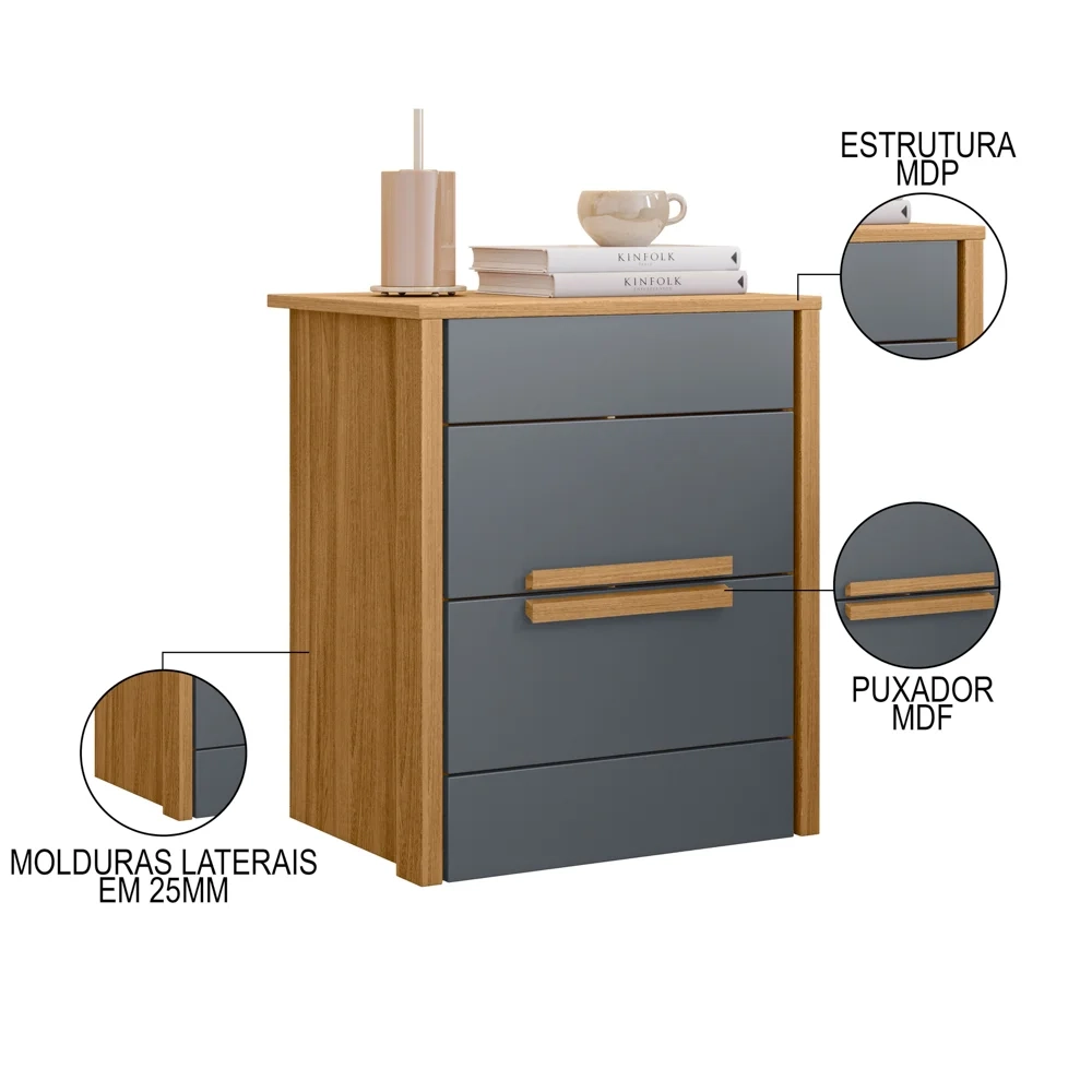 Mesa de Cabeceira 2 Gavetas 51cm Lara Z17 Freijó/Cinza - Mpozenato