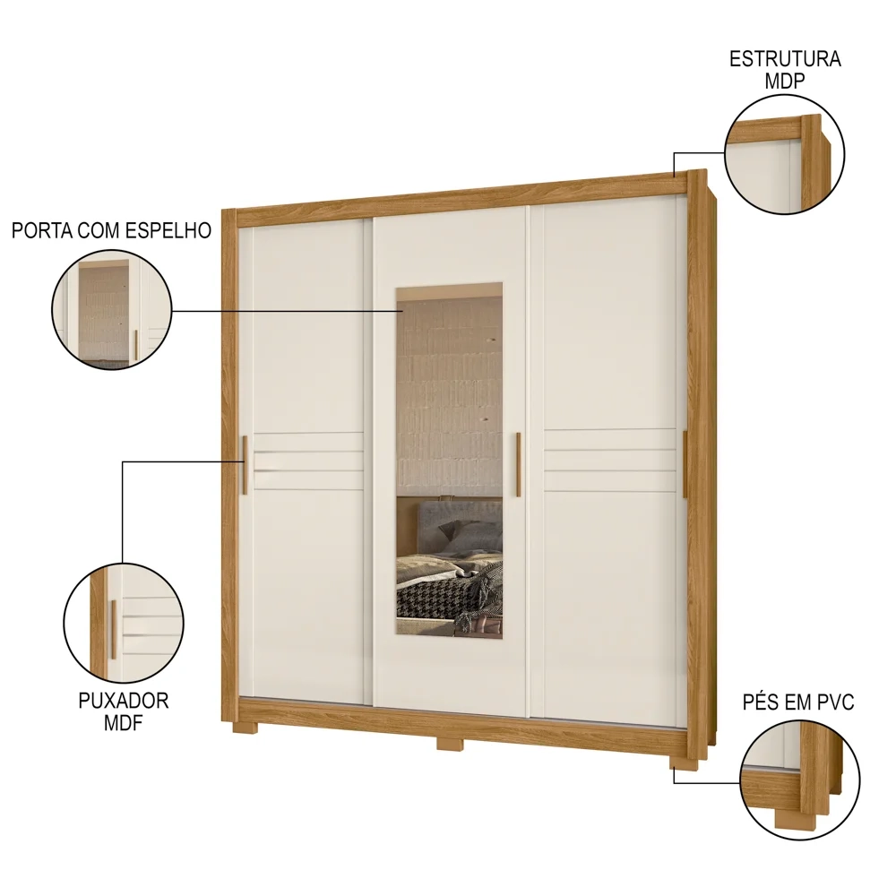 Guarda Roupa Casal 3 Portas de Correr e Espelho 202cm Toronto Z17 Freijó/Off White - Mpozenato