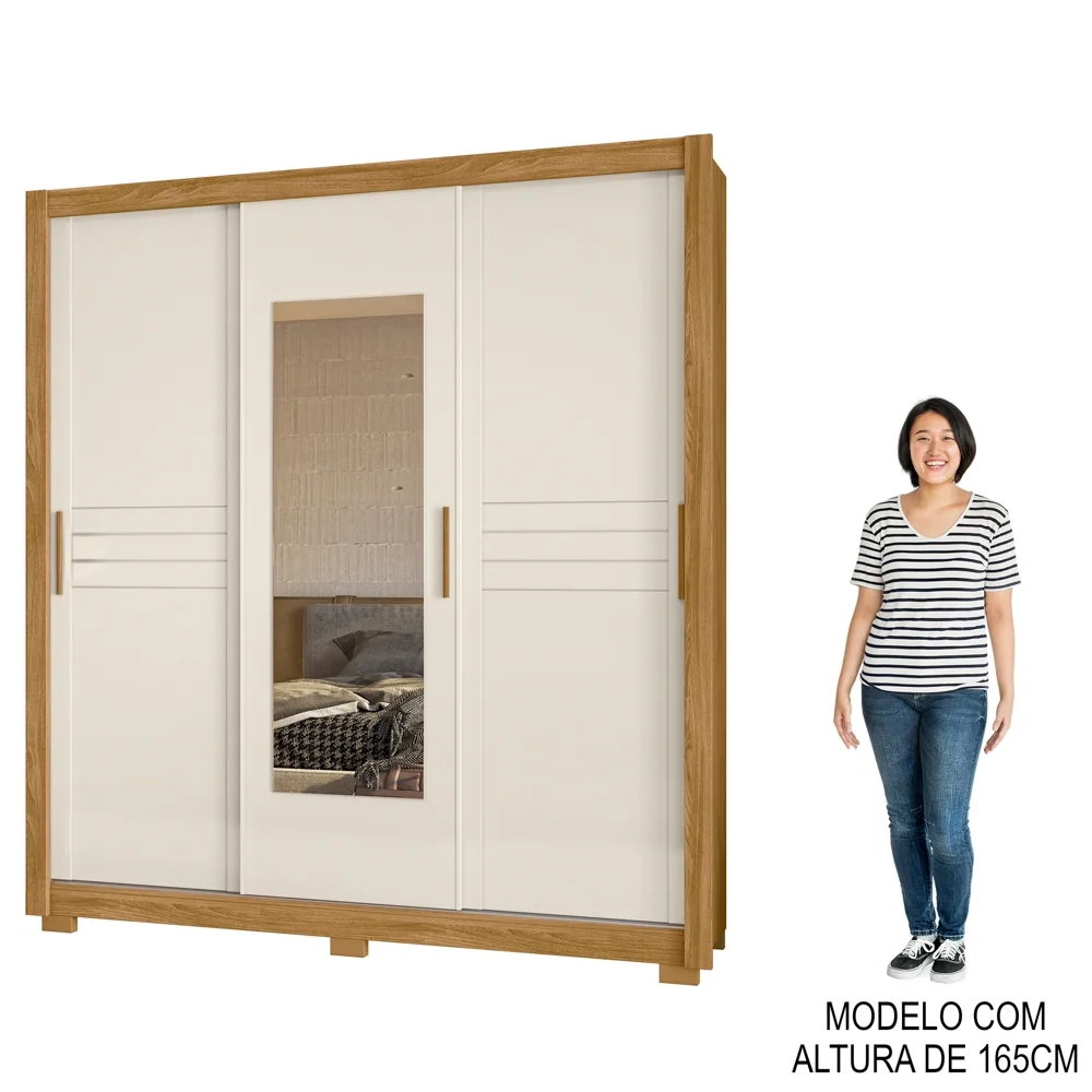 Guarda Roupa Casal 3 Portas de Correr e Espelho 202cm Toronto Z17 Freijó/Off White - Mpozenato