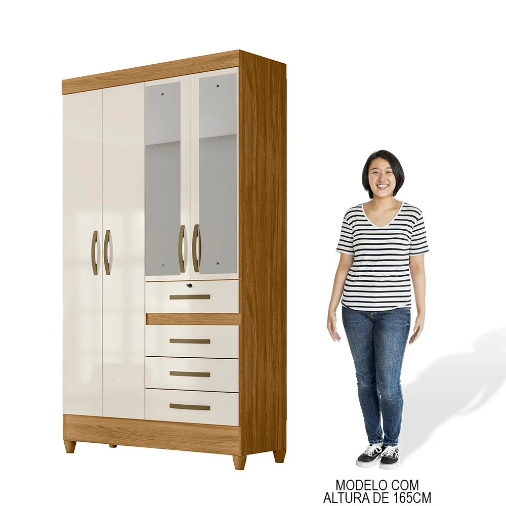 Guarda Roupa Solteiro com Espelho 4 Portas 4 Gavetas Cabral Z17 Freijó/Off White - Mpozenato