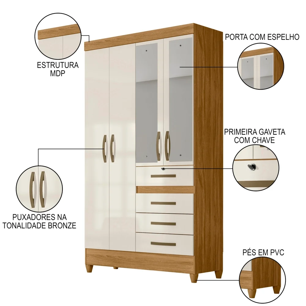 Guarda Roupa Solteiro com Espelho 4 Portas 4 Gavetas Cabral Z17 Freijó/Off White - Mpozenato
