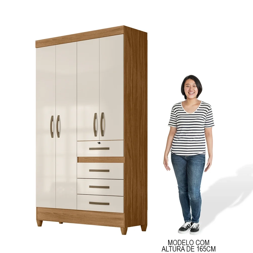 Guarda Roupa Solteiro 4 Portas 4 Gavetas 110cm Cabral Z17 Freijó/Off White - Mpozenato