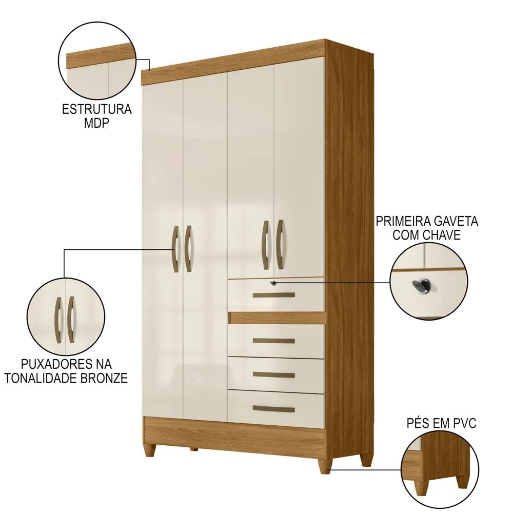 Guarda Roupa Solteiro 4 Portas 4 Gavetas 110cm Cabral Z17 Freijó/Off White - Mpozenato