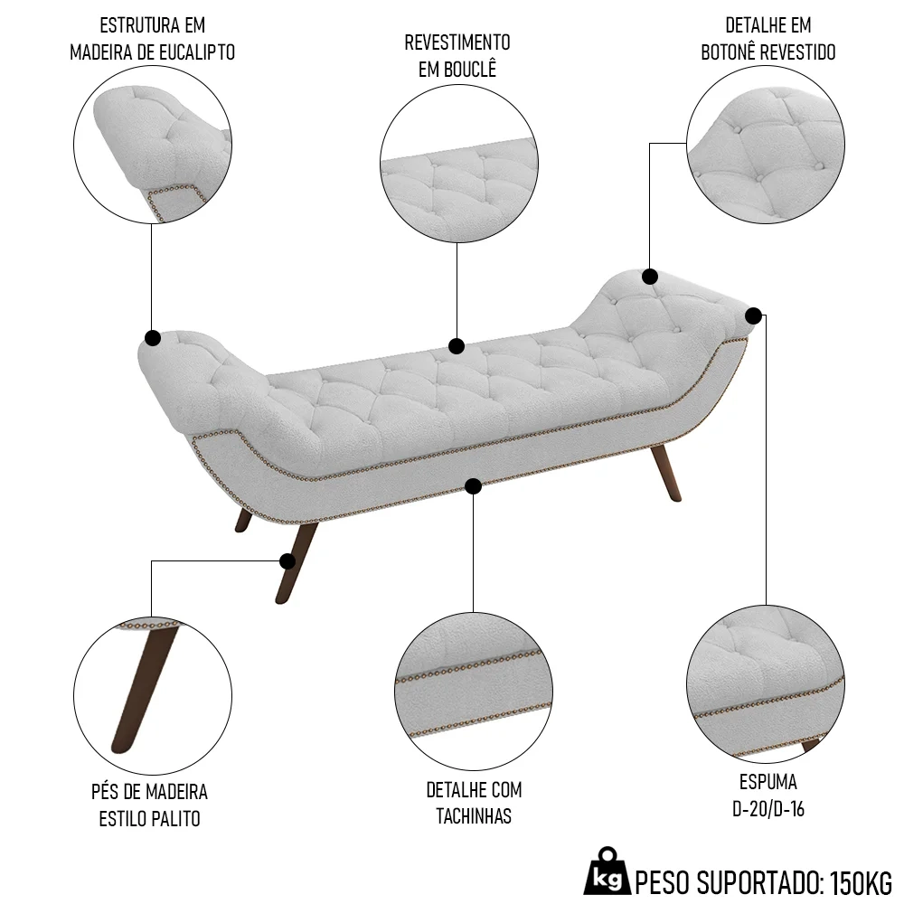 Puff Recamier Calçadeira 160cm Pés Palito Madeira Venêto Z37 Boucle Branco - Mpozenato