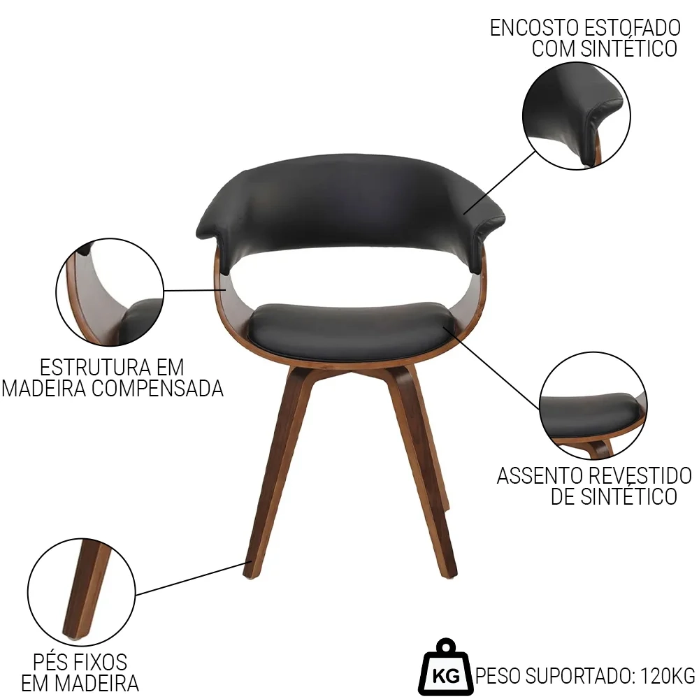 Cadeira de Jantar Moderna Base Madeira Fixa Betani R02 Sintético Preto - Mpozenato