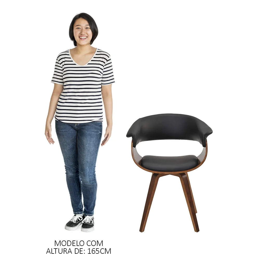 Cadeira de Jantar Moderna Base Madeira Fixa Betani R02 Sintético Preto - Mpozenato