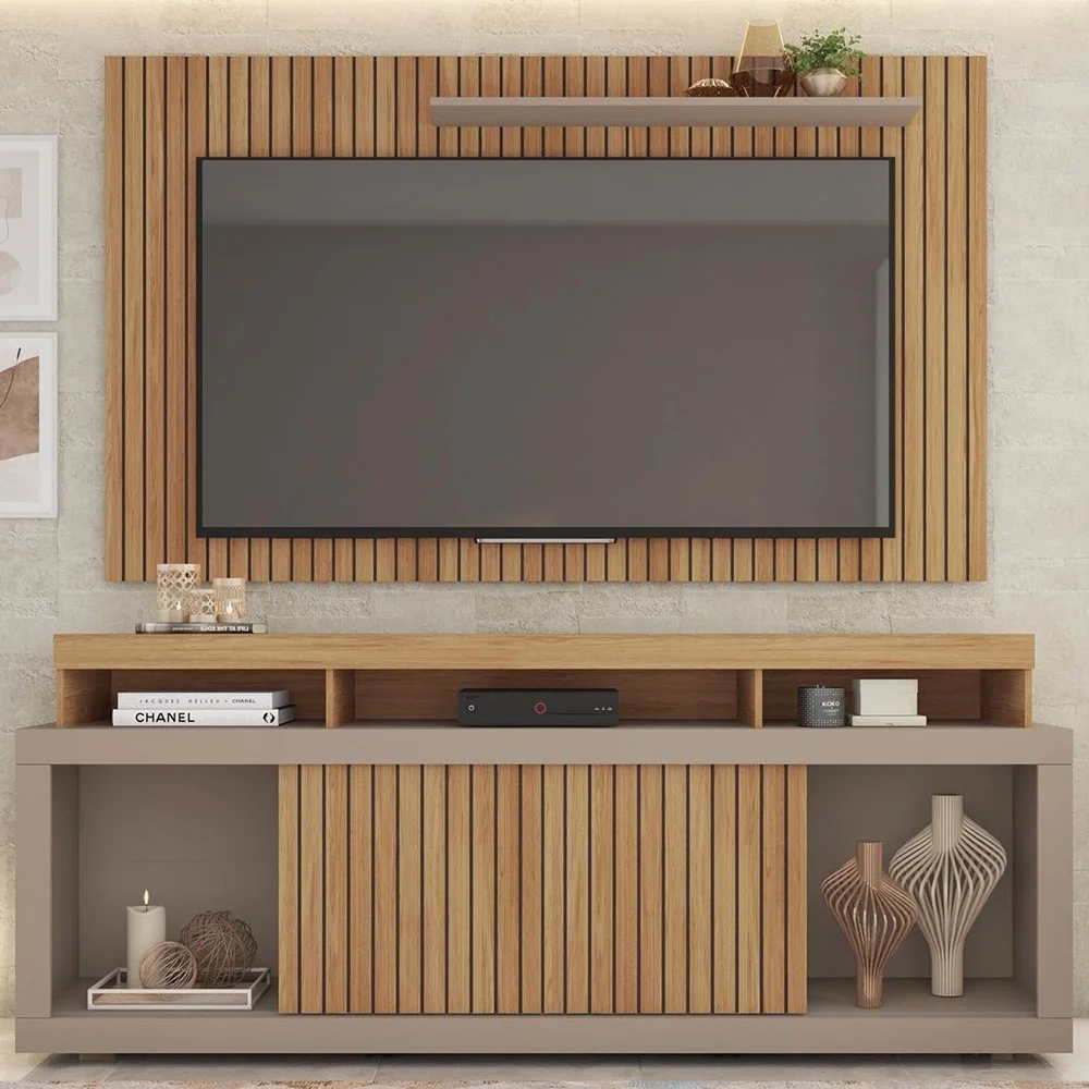 Rack Bancada Com Painel Para TV 65 Pol. Ripado Krome C01 Buriti/Fendi - Mpozenato