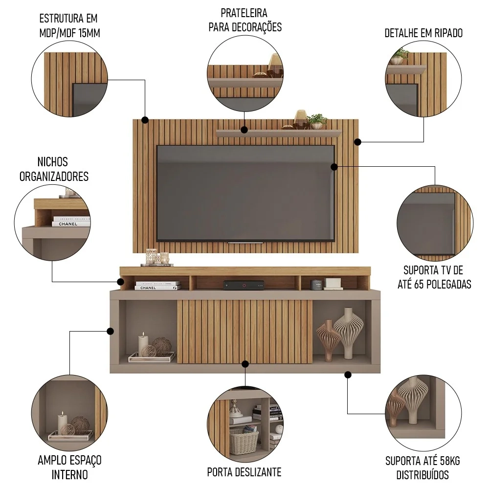 Rack Bancada Com Painel Para TV 65 Pol. Ripado Krome C01 Buriti/Fendi - Mpozenato