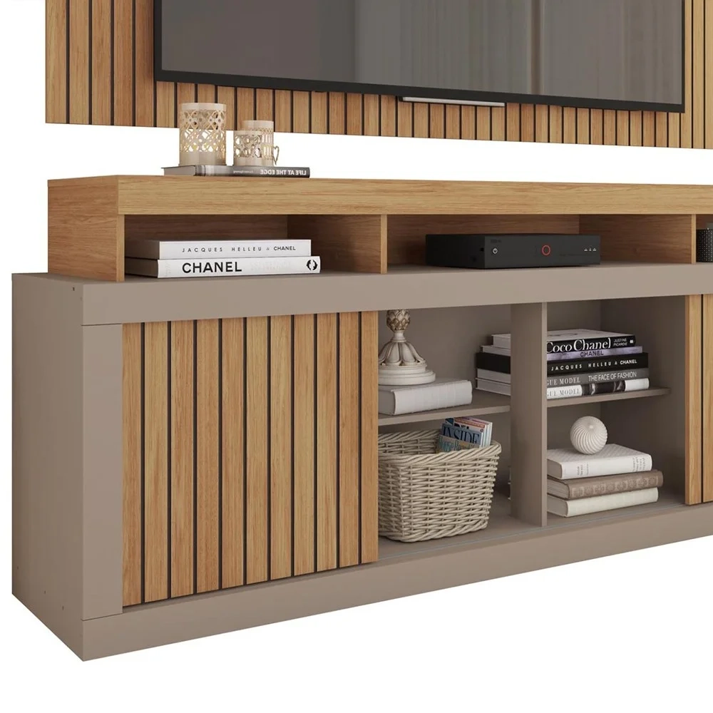 Rack Bancada Com Painel Para TV 65 Pol. Ripado Krome C01 Buriti/Fendi - Mpozenato