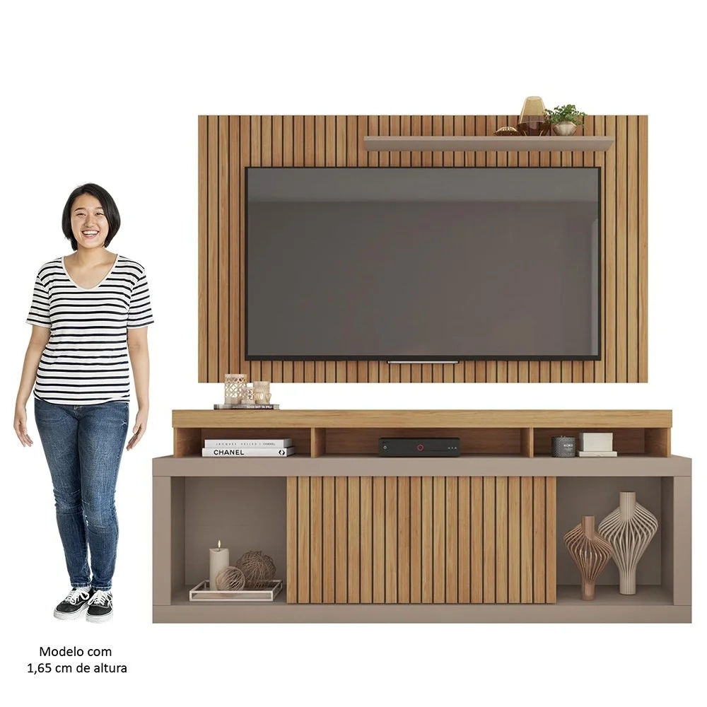 Rack Bancada Com Painel Para TV 65 Pol. Ripado Krome C01 Buriti/Fendi - Mpozenato