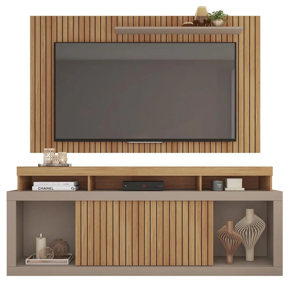 Rack Bancada Com Painel Para TV 65 Pol. Ripado Krome C01 Buriti/Fendi - Mpozenato