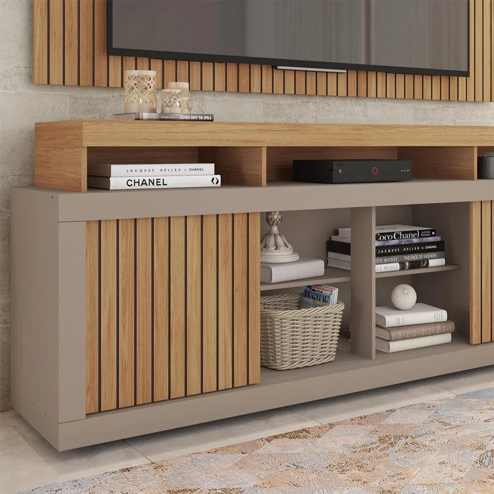 Rack Bancada Com Painel Para TV 65 Pol. Ripado Krome C01 Buriti/Fendi - Mpozenato