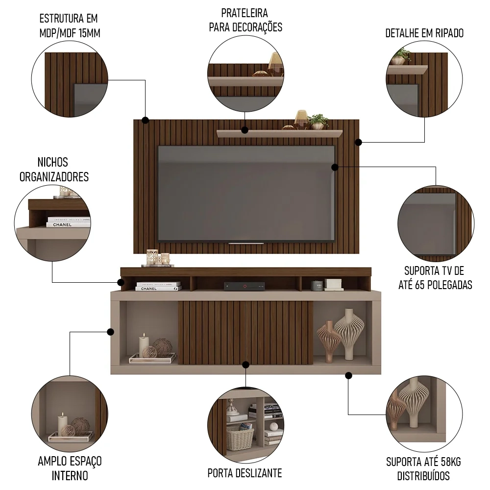 Rack Bancada Com Painel Para TV 65 Pol. Ripado Krome C01 Fendi/Havana - Mpozenato