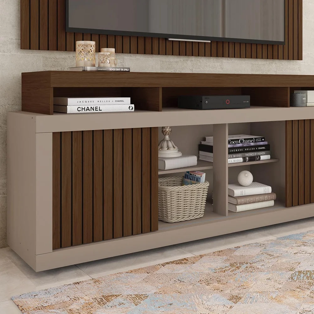 Rack Bancada Com Painel Para TV 65 Pol. Ripado Krome C01 Fendi/Havana - Mpozenato