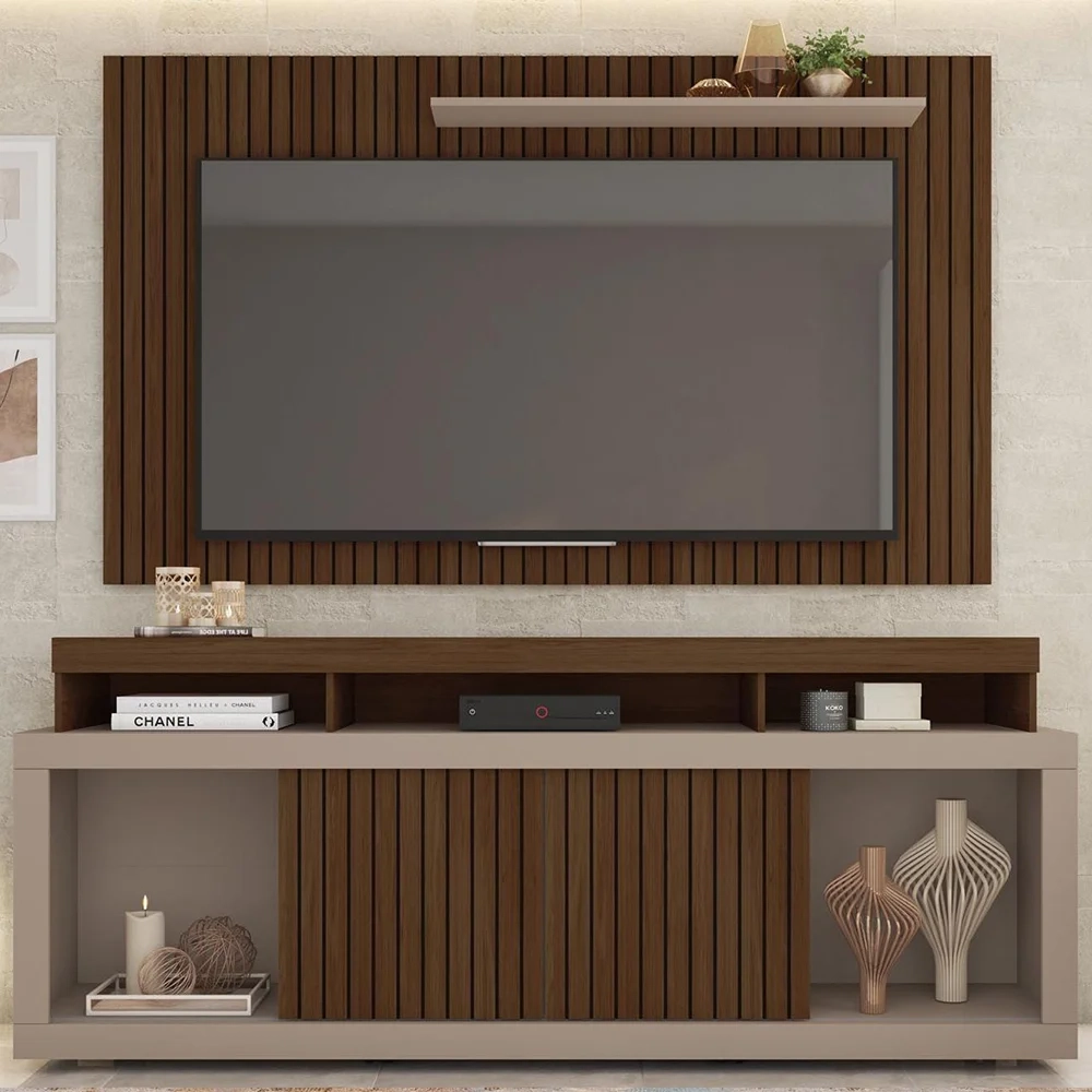 Rack Bancada Com Painel Para TV 65 Pol. Ripado Krome C01 Fendi/Havana - Mpozenato