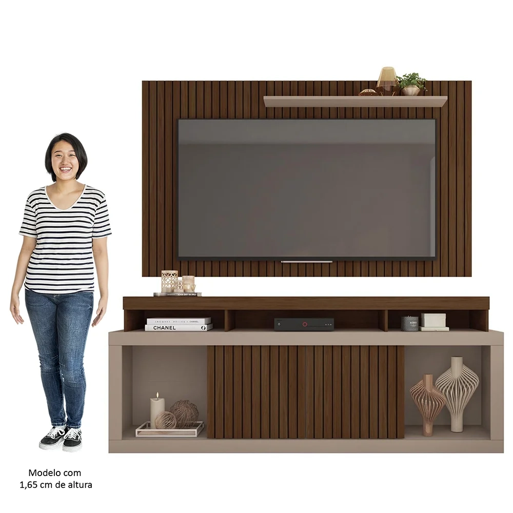 Rack Bancada Com Painel Para TV 65 Pol. Ripado Krome C01 Fendi/Havana - Mpozenato